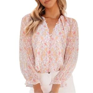 Siliteelon Boho Floral Button-Front Blouse Sz Med